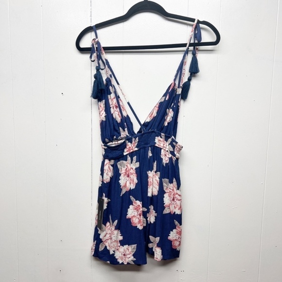 Lulus Strappy Floral Blue & Pink Women's Romper Size Small Tassels Beachy - Picture 7 of 13